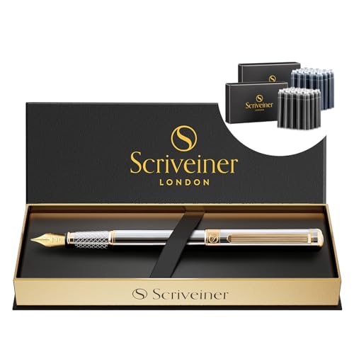Scriveiner Silver Chrome Fountain Pen - Stunning Luxury Pen, Real Gold Plating, Schmidt Gilded Nib (Broad) Bundle with Fountain Pen Ink Cartridges - Black & Blue - 20 Standard International