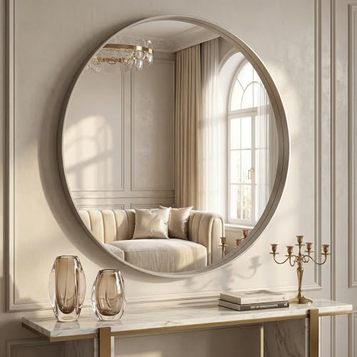 BEAUTYPEAK Runder Luxuriöse Spiegel, 120 cm Wandspiegel Rund mit Aluminiumrahmen, Badezimmer Spiegel zum Aufhängen und Anlehnen, Rund Wandspiegel für Schlafzimmer, Bad, Wohnzimmer Silber