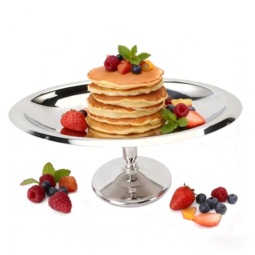 Image of Stainless Steel Serving Tray Silver Cake Stand Oval Footed Display Plate | Elevated Dessert Serving Platter for Ice Cream Salad Fruit Appetizers Party