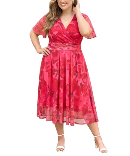 RITERA Plus Size Mesh Wrap Dress for Women Hot Pink Floral Elegant A-Line Maxi Dress V Neck Short Sleeve Boho Dresses for Party or Evening Dresses XL 14W 16W