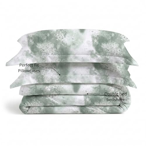 Image of VELOURA Tie-Dye Bedsheet Set, 100% Cotton, King Size 108x108 Inches, 300 Thread Count, with 2 Pillow Covers, Sage Green