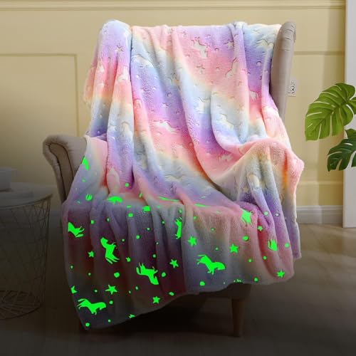 Image of Glow-in-The-Dark Polar Fleece Blanket for Kids - Soft Lightweight Single Bed Blanket (200x152 cm) | All-Season Jacquard Print, Assorted Multicolor - Unicorn Design (Magic Multi)
