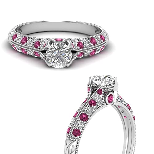 Image of Choose Your Gemstone 2 Row Milgrain Diamond CZ Ring 925 Sterling Silver Round Shape Vintage Engagement Rings Matching Jewelry Wedding Jewelry Easy to Wear Gifts US Size 4 to 12