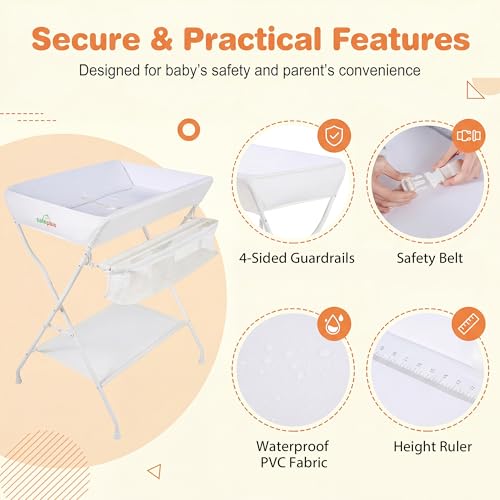 Image of HONEY JOY Changing Table, Folding Nursery Organizer with Open Shelf & Safety Belt, Portable Diaper Changing Station for Newborn (Beige, Basic)