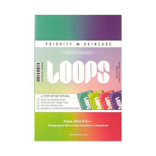 LOOPS 4-Step Korean Skincare Essentials Kit with 12 Travel Vegan Natural Biodegradable Gentle Skincare Pads Each - Moisturizer Toner Peptide and Milky Cleanser - Pre-soaked Bamboo Pads - 48