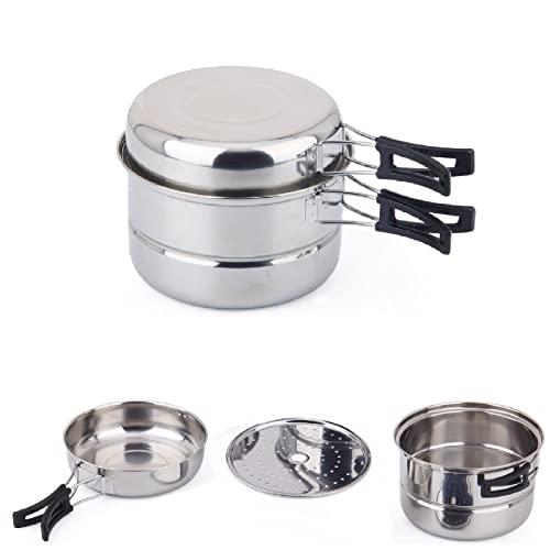 Camping Kochgeschirr Set für 2-3 Personen, Edelstahl Geschirr Sets Topf...