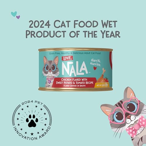 Image of LOVE, NALA - Natural Adult Cat Wet Food - FLAKED Chicken, Sweet Potato, Tomato in Broth - Grain Free, Non-GMO, Digestive Fiber, Vitamins, Minerals - 12 Pack 2.4 lbs.