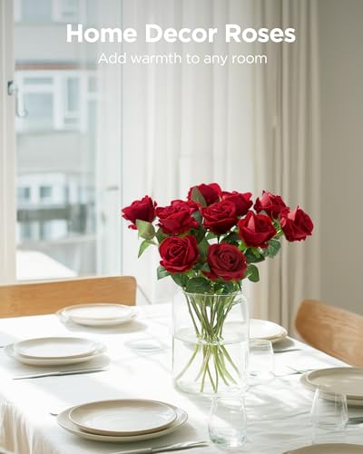 Image of InnoGear 50 Pcs Red Roses Artificial Flowers, Fake Velvet Silk Rose Bulk Faux Flower for Mother's Gift Decoration DIY Wedding Centerpieces Proposal Bridal Bouquets Party Floral Decor (50, Red)