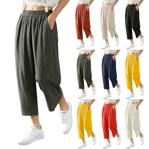 Pantalones Mujer Verano, Pantalones De Lino Mujer Elasticos Capri Pantalon Tallas Grandes Fluido Anchos Pantalones Frescos Linen Pants Women Amazon España Ofertas(Verde del ejército,M)