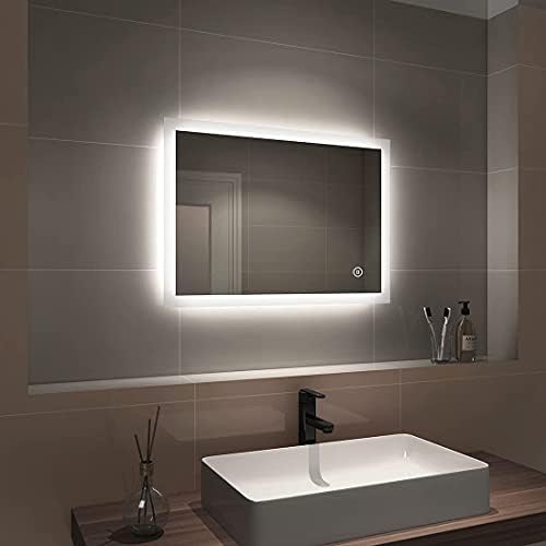 EMKE Illuminated LED Bathroom Mirror, Wall-Mounted Vanity Mirror 800x600mm with LED Light, Touch Switch, Demister Pad, 3 Color Tone, Dimmable