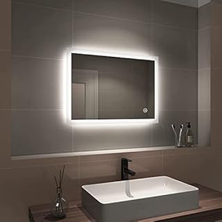 EMKE Illuminated LED Bathroom Mirror, Wall-Mounted Vanity Mirror 800x600mm with LED Light, Touch Switch, Demister Pad, 3 Color Tone, Dimmable