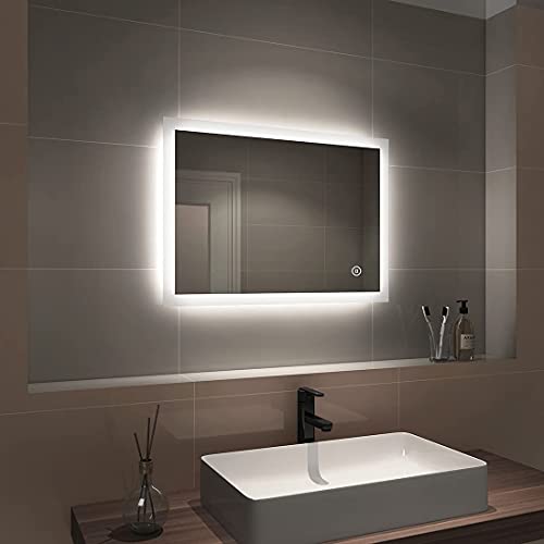 EMKE Illuminated Bathroom Mirror 500 x 700 mm, LED Bathroom Mirror 6500K Cold White Light with Touch Switch + Demister Pad, Frameless Wall Mounted Mirror Horizontal & Vertical