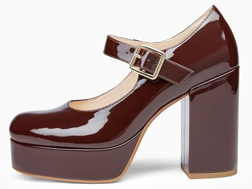 Image of Coutgo Womens' T-Strap Round Toe Chunky Platform Heels Patent Mary Jane Dress Shoes