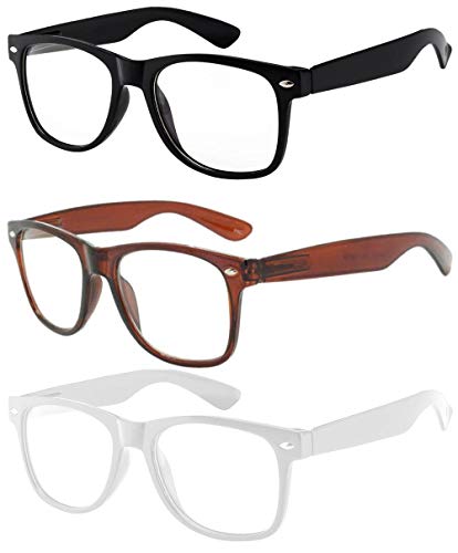 Online-Welcome OWL - Non Prescription Glasses - Clear Lens - 1 Black + 1 Brown + 1 White - UV400 (3 Pack)