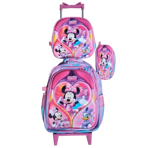 Kit Mochila Infantil em 3D Minniee com Rodinhas + Lancheira + Estojo em Alto Relevo