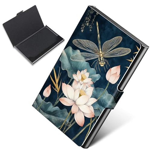 JNFBWULO Slim Business Card Holder, Lotus Dragonfly Design Metal Case for Men & Women, Stainless Steel Professional Pocket Card Organizer, Scratch-Resistant Interior