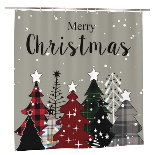 Yomane Merry Christmas Trees Shower Curtains, Red Green Buffalo Plaid Pine Tree Snowflake Forest Winter Shower Curtain, Waterproof Washable Xmas Bathroom Decor with Hooks 72x72 Inch