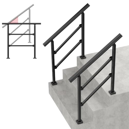 2 Pack Handrails for Outdoor Steps, Wrought Iron Black Stair Railing Kits & Hand Rails for Indoor Stairs for Porch, Concrete, Wood&Brick(Fit 1-3 Steps), Metal Railing for Stairs & Stair Railing Indoor