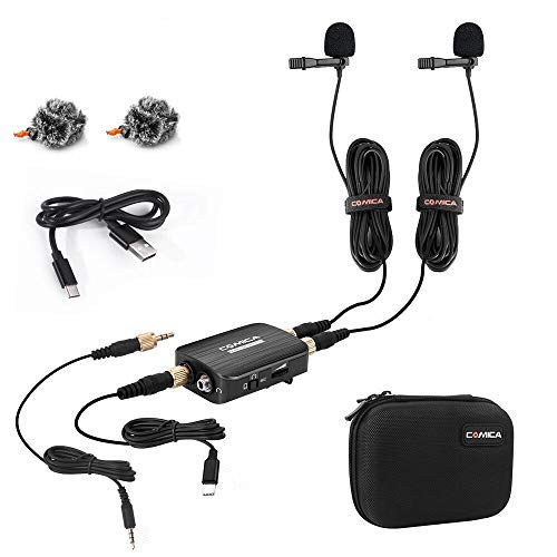Lavalier Microphone for Phone, COMICA CVM-D03 STC Dual-Head Detachable Omnidirectional Lapel Microphone Kit for 3.5mm/USB Type-C Huawei Samsung Smartphones and Canon Nikon Sony DSLR Cameras