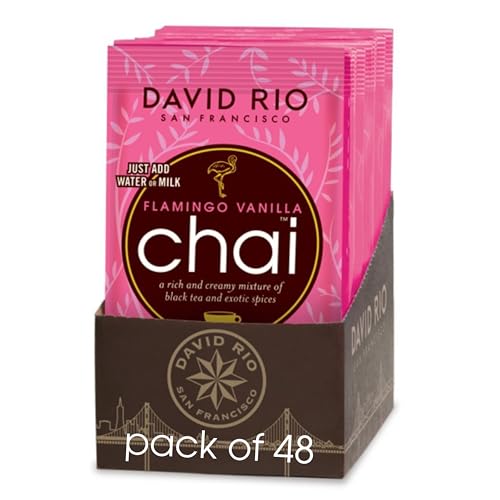 Flamingo Vanilla Decaffeinated Reduced Calorie Chai Tea Latte Mix, 0.63 Oz (Pack of 48), Single Serve Packets, Decaf Black Tea, Organic Spices, Sugar Free, Dairy Free, Serve Hot or Cold