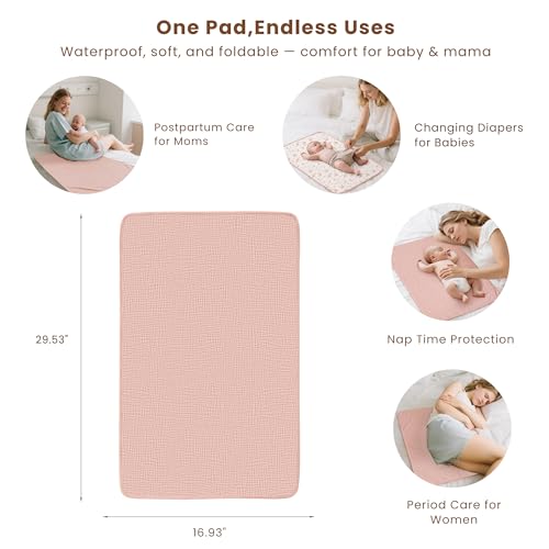 Konssy 2 Pack Waterproof Muslin Cotton Portable Changing Pad 30\"x 17\", Soft & Foldable Baby Changing Mat Travel Pad with Terry Backing, Shower Gift for Newborn Girls Boys (Pink,Blossom) - Thumbnail 5