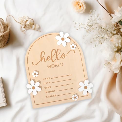 Image of ​Wooden Hello World for Baby Showers, 7.1 Inch Baby Announcement Sign, Birth Announcement Sign for Hospital Welcome Newborn Boys and Girls Shower, Nursery Hospital Information Record Board