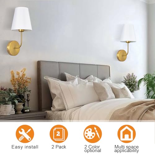 Image of Antique Brass Hardwired Wall Sconce Set of 2 - Gold Finish with White Fabric Shades，Bedroom Lighting, Living Room, Farmhouse, Fireplace, Hallway, Bedside Lamp,Bathroom Wall Lights
