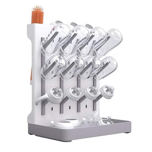 Image of Baby Bottle Drying Rack: Vertical Space Saving Standing Bottle Organizer for Countertop – Holds Glass Baby Bottles, Utensils, Pump Parts, Brushes & Pacifiers, Kitchen – Premium Material (1, Grey)