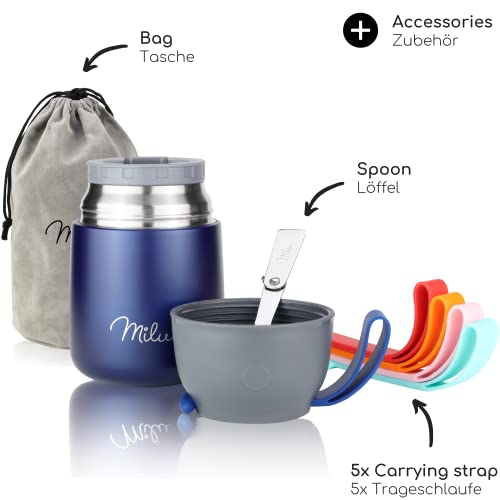 Image of Milu Thermal Container for Food 450 ml, Stainless Steel Warming Container with Spoon, Thermal Mug Food, Thermal Lunch Box for Children, Adults, Thermal Box Soups, Baby Porridge, Food Container Navy