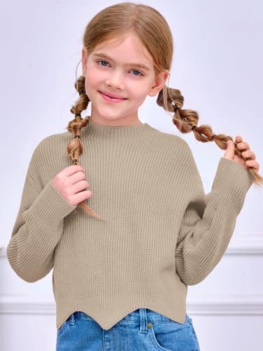 Image of Haloumoning Girls Mock Neck Sweaters Kids Fall Fashion Long Batwing Sleeve Rib Knit Pullover Clothes 5-14 Years