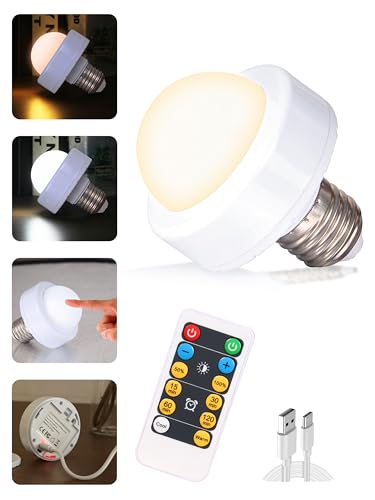 yucanucax LED Light Bulb E27/E26 Dimmable Light Rechargeable Light Bulbs with Remote Controller for Bedroom, Office, Living Room (1 Pack)…