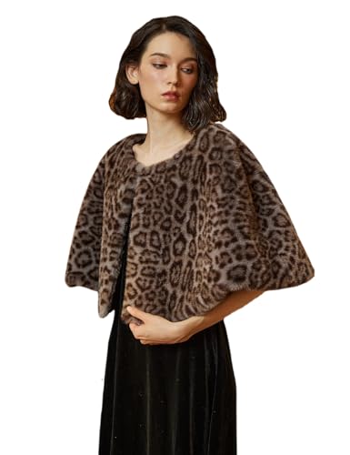 BEAUTELICATE Damen Kunstpelz Stola Poncho Cape Moda Warm Kunstfell Leopard Mantel Bolero Kurz Ärmellos Elegant Wrap Brautjacke für Winter Frühling...