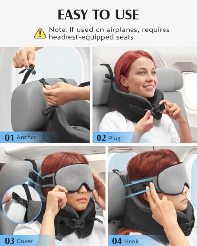 Image of YFONG Travel Pillow with Head Support & Sleep Mask for Long Flights, Grey | Patented 360 Support System, Prevents Bobbing, Airplane Head Strap, 3D Eye Mask, Memory Foam Neck Pillow, Travel Essential