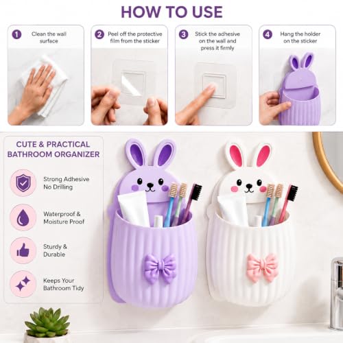 Image of Cute Rabbit Wall Mounted Toothbrush Holder | Self Adhesive Bathroom Organizer for Toothbrush, Toothpaste, Comb & Makeup Brushes | Bathroom Accessories for Kids & Home (Purple White Rabbit)