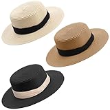 Cuffbow 3 Pcs Women's Straw Boater Sun Hats Summer Wide Brim Hat Foldable Beach Hat for Men Women(Khaki, Beige, Black)