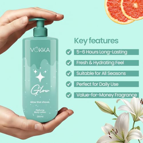 Image of VOKKA Glow Perfume Body Lotion 250ml | Bright Fruity Floral Fragrance | Passionfruit Peach Blossom Jasmine Notes | Aloe Vera Shea Butter & Cocoa Butter Moisturizing Lotion | BodyLotion for Men & Women