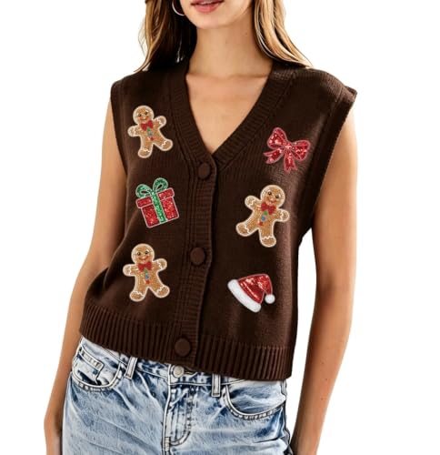 Image of Women Christmas Knit Vest Top Santa Embroidery Sleeveless Button Down Sweater Vest Xmas Snowman Cardigans Tank Top