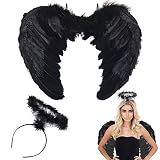 60CM Engelsflügel Schwarz,Engel Kostüm Damen mit Heiligenschein,Engel Flügel,Kostüm Engel,Schwarz Flügel Mädchen,Engelsflügel Deko,Federflügel Engel,Engels Flügel Kostüm