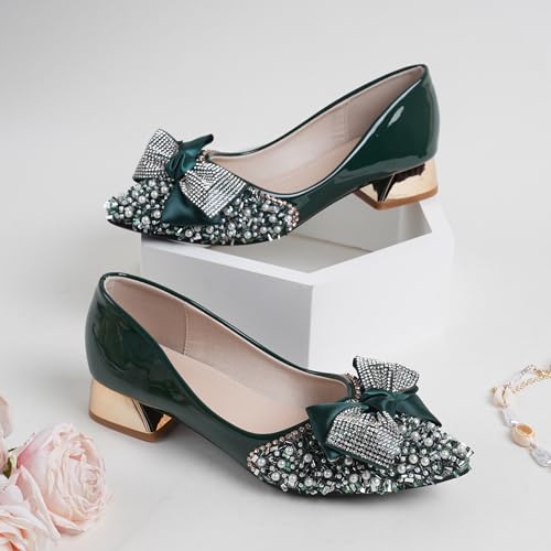 Women's Pumps, Closed Toe Chunky Heels for Women Pointed Toe Rhinestones Bridal Party Dressy Shoes Comfortable Work Pumps Shoes for Office3