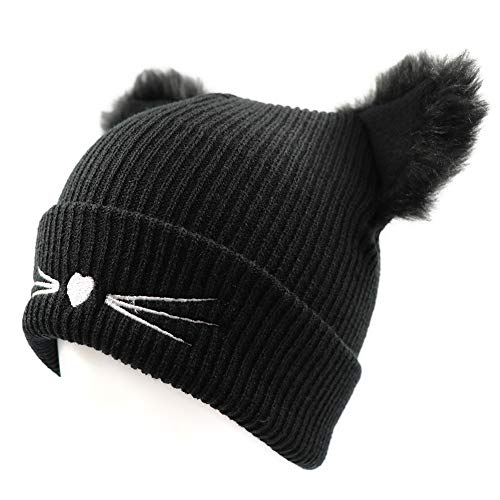 Women Winter Beanie Cute 2Pom Pom Cat Ears Cuff Hats Soft Warm Thick Beanies Chunky Knit Hat Girls Ski Skull Caps Black #TOP1