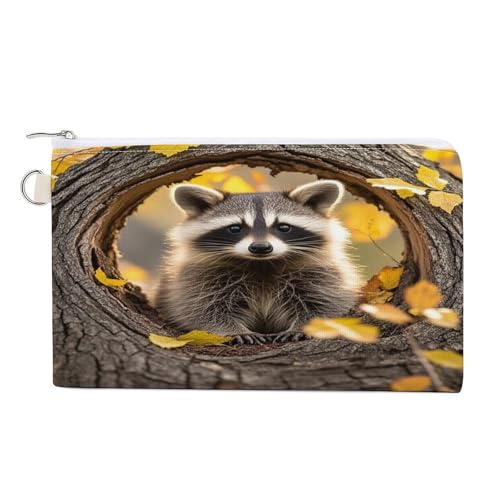 Raccoon in The Fall Tree Hole Coin Purse Small Cash Coin Purse Pouch Mini Canvas Change Purse with Zipper Cute Coin Pouch Fashion Coin Wallet Slim Cash Change Wallet for Cards Keys Lipsticks