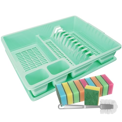 WELLGRO Abtropfgestell aus Kunststoff mit Reinigungsbürste und 10 Schwämmen - 44x35x9 cm (LxBxH) - Schale Geschirrkorb Abtropfkorb Abtropfgitter für Spüle Made in Europe, Farbe:Mint