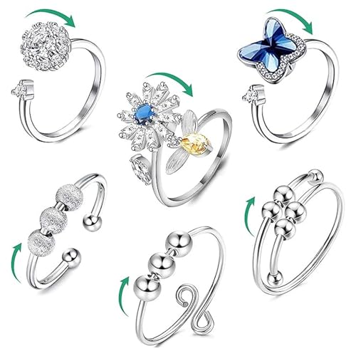 JSTHHTT 6Pcs Bague Anti Stress Femme, Bague Argent, Bague Anti Stress, Fidget Bague Anxiété Rotative, Spinner Ring Femmes Bande Ring, Anxiete Reglable Cadeaux pour Femmes Hommes
