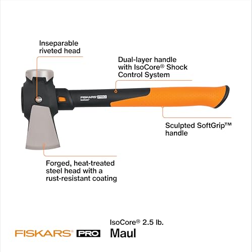 Fiskars Pro IsoCore Maul - 2.5-Pound Wood Splitter for Small Size Logs and Kindling with Shock-Absorbing Handle - Black/Orange - Image 5