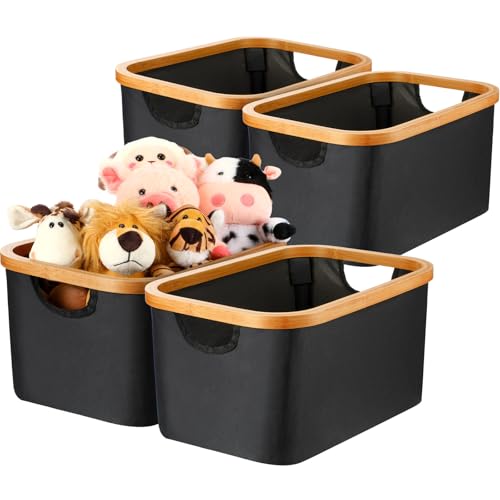 Hushee 4 Pcs Collapsible Storage Basket with Bamboo Handles 15"x10.3"x7.9"