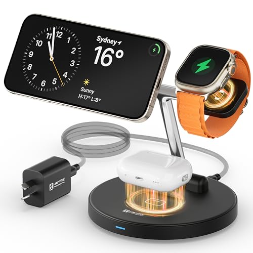 Image of HEYMIX 3-in-1 Magsafe Wireless Charger, Fast Wireless Phone Charging Dock Compatible with Apple, Magnetic Wireless Charging Stand Compatible with iPhone 15 /14 /13 /12 (T20-B)