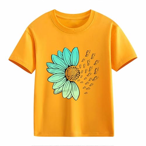 Girls Loose Fit Sunflower Graphic T Shirts Short Sleeve Crewneck Cute Pattern Printed Tops Kids (I-Yellow, 3-4 Years)2