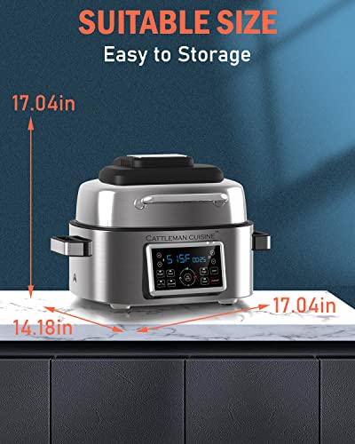 Grill And Air Fryer Combo, Cattleman Cuisine 10-In-1 Indoor Electric Grill, Stainless Steel Air Fryer Grill With Air Grill, Air Fryer, Roast, Bake, Dehydrate, Beef & Fries, 6.5Qt, Silver #TOP7