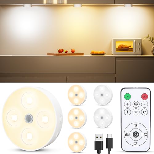 Under Cabinet Lighting, 1500mAh Rechargeable Motion Sensor Puck Lights with Remote, 3 Color Temper, Magnetic Stick on Light, Dimmable Under Counter Lights for Kitchen, Shelf, Closet, Stair, 6Pack
