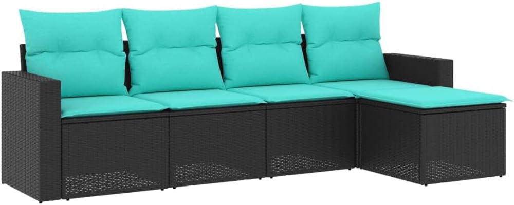 vidaXL Black Poly Rattan Outdoor Patio Sofa Set with Cushions - 5 Piece Garden Furniture, Water-Resistant Storage, Modular Design